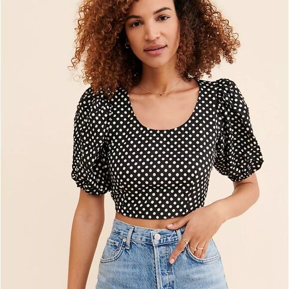 Free People Tops - Free People Polka Puff Sleeve Crop Top Black White Size 10